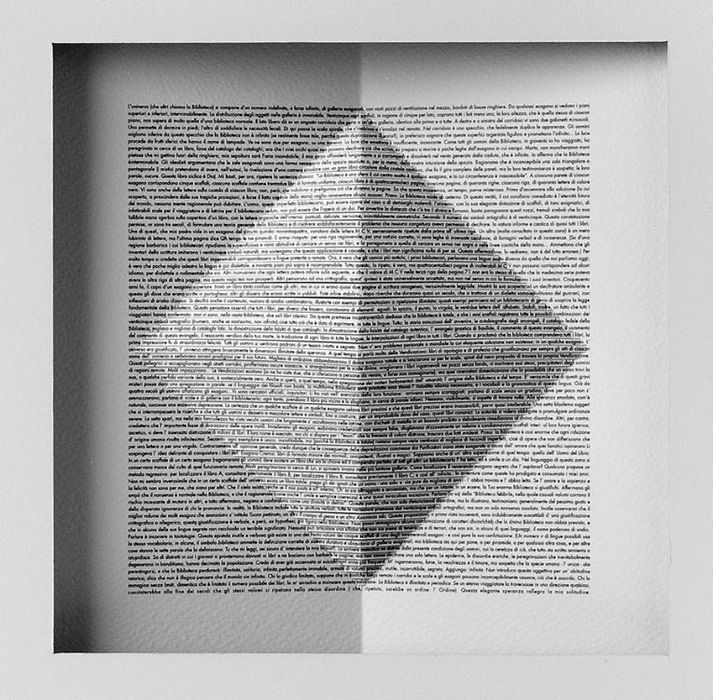 Carlo Battisti - La Biblioteca di Babele. Senza titolo, 2008. Textblock Indigo-Druck 6 Pt, auf Modigliani Papier, geschnitten und gefaltet, 34 x 34 cm