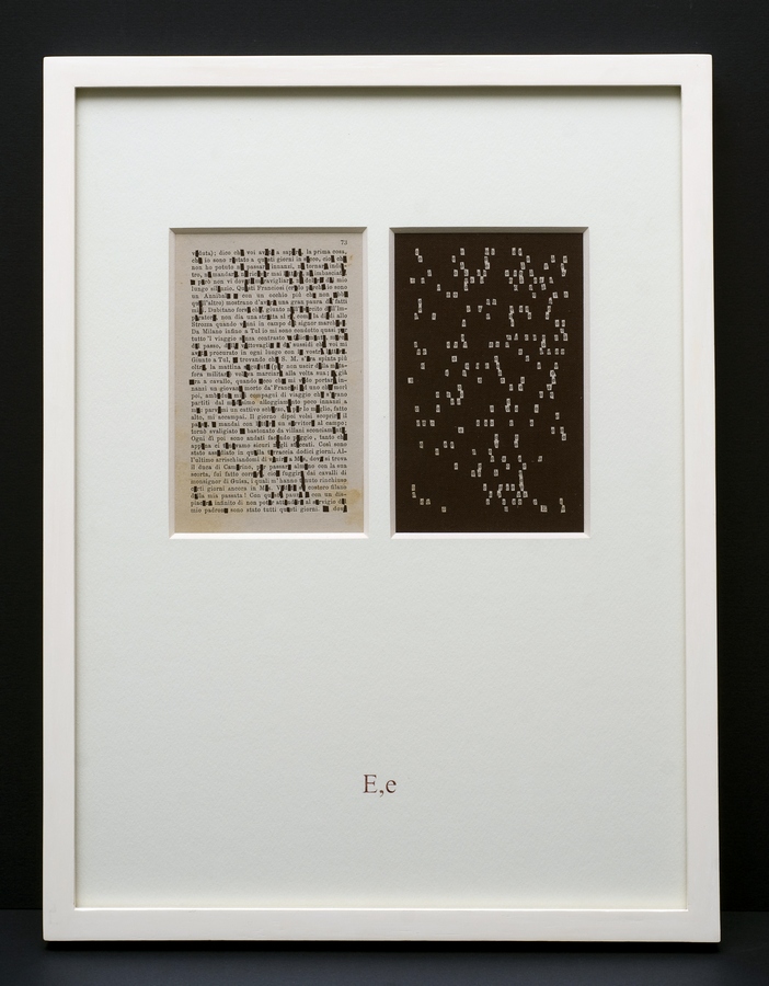 Lettere Scelte [Chosen Letters] Panel E,e. Series of 21 works [one for each letter of the Roman alphabet], 2010-11. Original pages of the book “Lettere Scelte” by Annibal Caro [*1507 †1566], published in Milan, Italy, in 1885. Paper, canvas, hand brush writing, 30 x 40 cm.