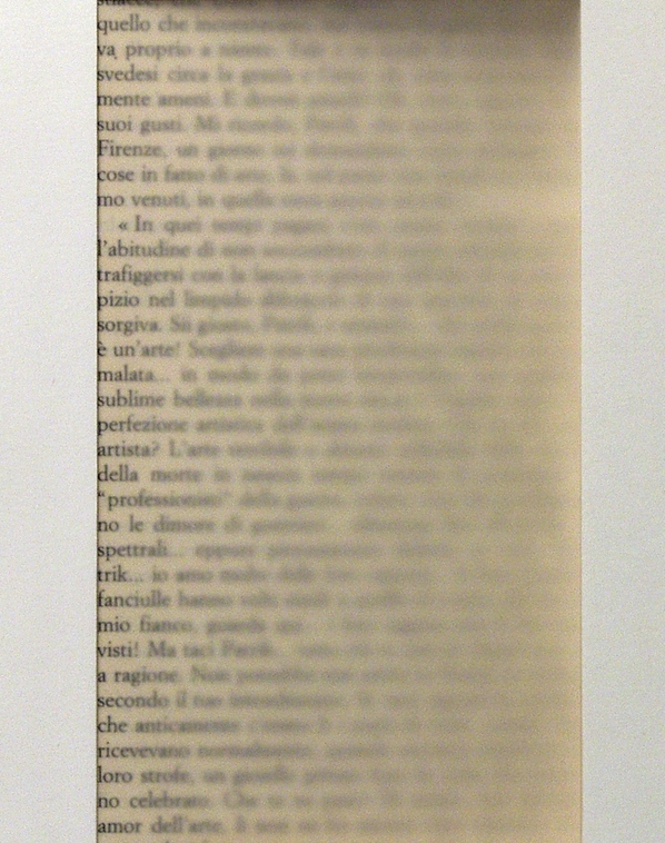 Testo [Text], 2005. Book page: progressive fade. Paper, sandblasted glass. 18 x 30 cm.