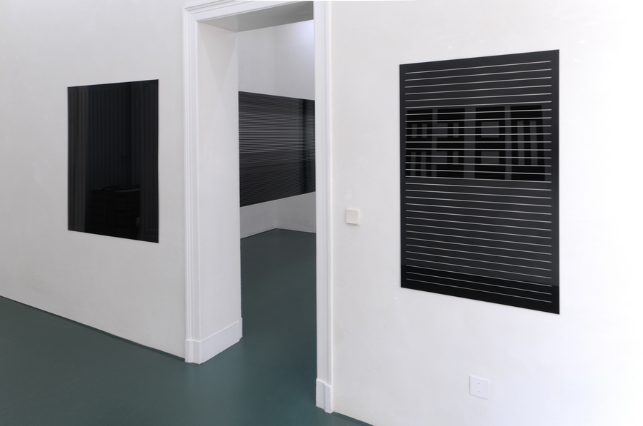 Reflective Editor [Diptych]: Twenty-one vertical/thirty-one horizontal slots, 2005. Cast acrylic sheet, steel pins, polyester tube, 100.8 x 72 x 0.3 cm each
