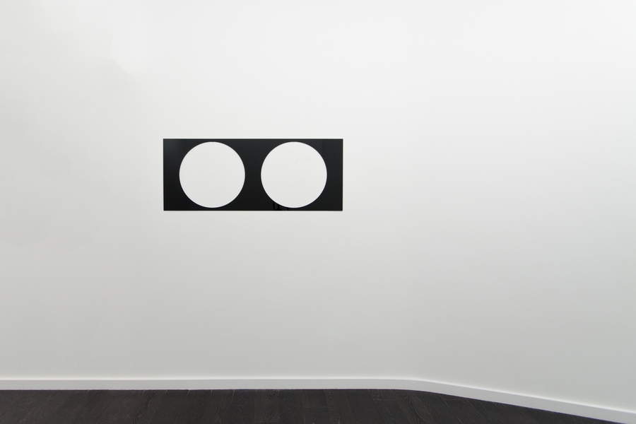 Reflective Editor: 2 round holes, square pitch, 2014. Cast acrylic sheet, steel pins, polyester tube, 50 x 125 x 0.3 cm.