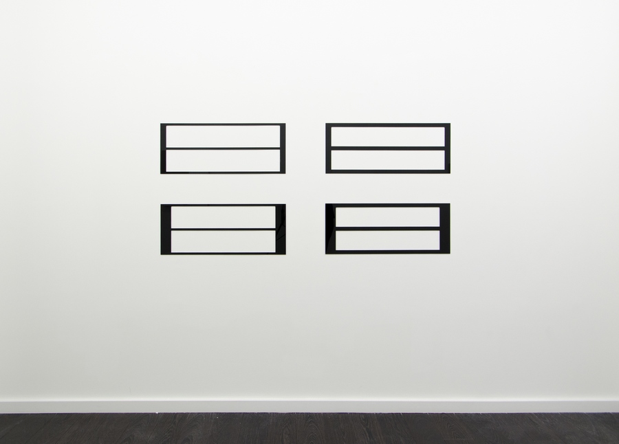 Reflective Editor: 2 horizontal rectangular holes, parallel pattern, 2014. Cast acrylic sheet, steel pins, polyester tube, 30 x 75 x 0.3 cm each.