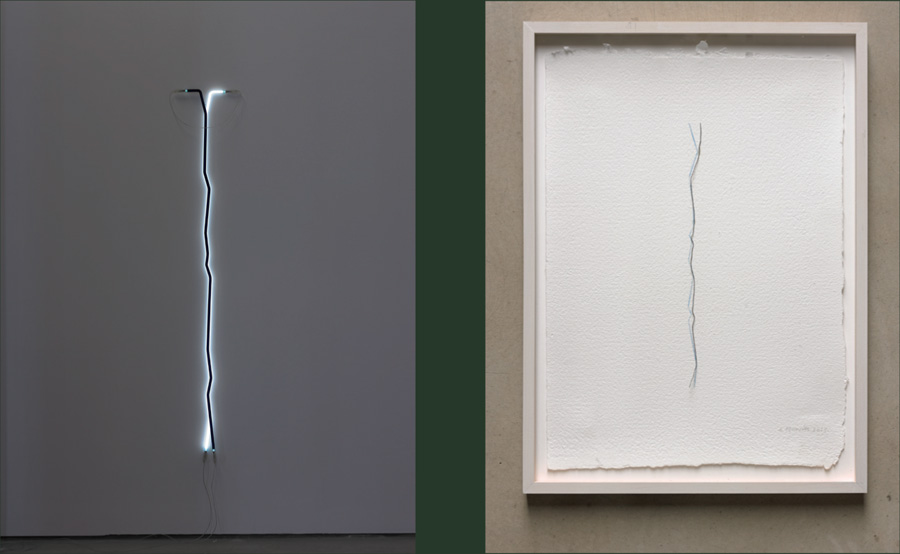 JAN VAN MUNSTER - Study for a Clone, 2013. Neon, black/white, 215 cm + Study for a Clone, 1997/2014. Handmade paper, crayon, metal,magnet, 52 x 39 cm