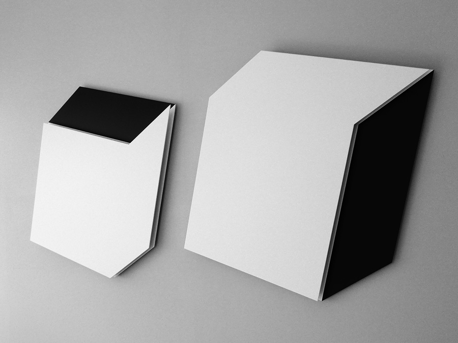 Gerhard Frömel – RaumPaar 2014, Doppelobjekt.  Aluminium, Acryllack, je 50 x 55 x 5 cm